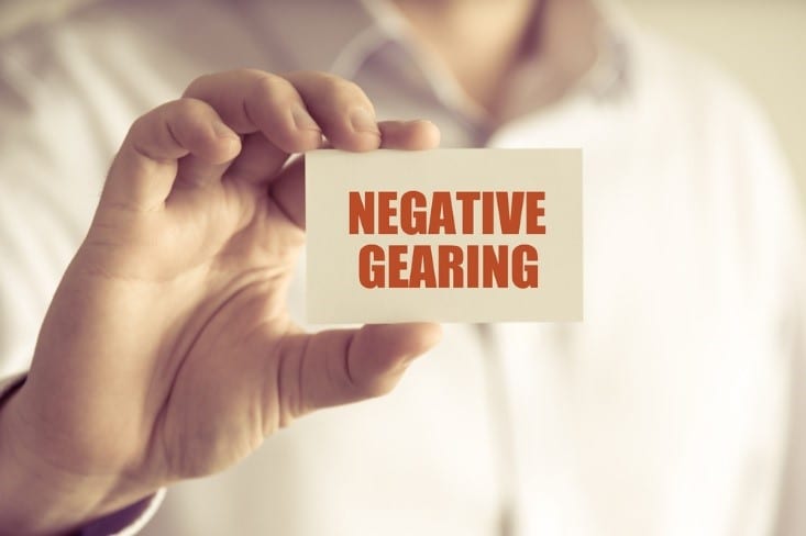 Closeup on businessman holding a card with text NEGATIVE GEARING, business concept image with soft focus background and vintage tone